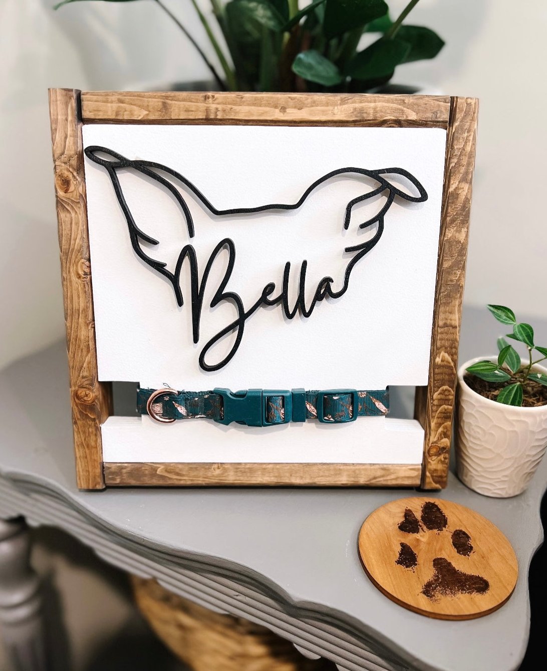 Modern Pet Art - Custom Dog Ear Outline Sign With Collar Holder