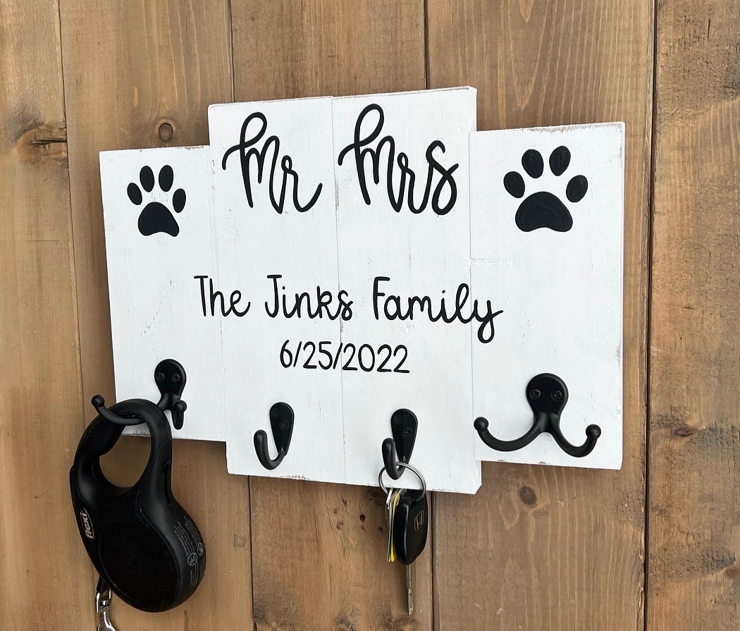 Custom Wedding Gift For Couple | Future Mr and Mrs | Key and Dog Leash Holder for Wall | Family Last Name Wood Sign | Dog Lover Gift Idea