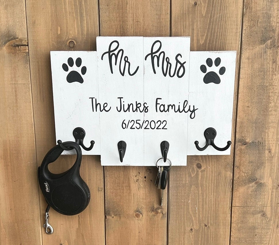 Custom Wedding Gift For Couple | Future Mr and Mrs | Key and Dog Leash Holder for Wall | Family Last Name Wood Sign | Dog Lover Gift Idea